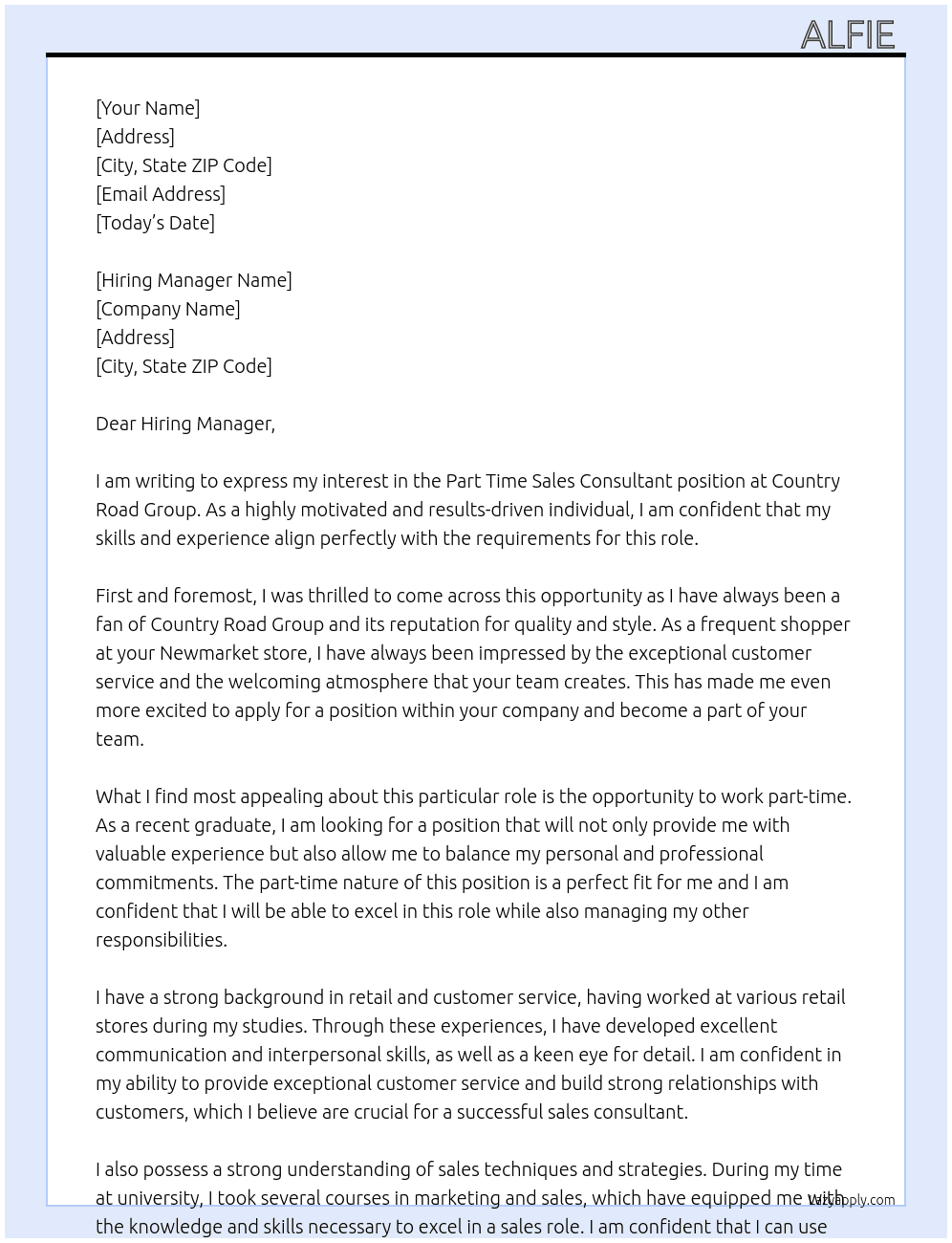 Part Time Sales Consultant At Country Road Group Cover Letter