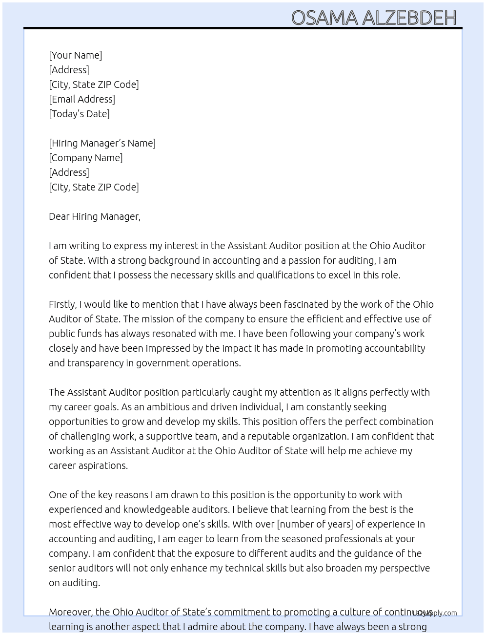 Assistant Auditor  At Ohio Auditor of State  Cover Letter