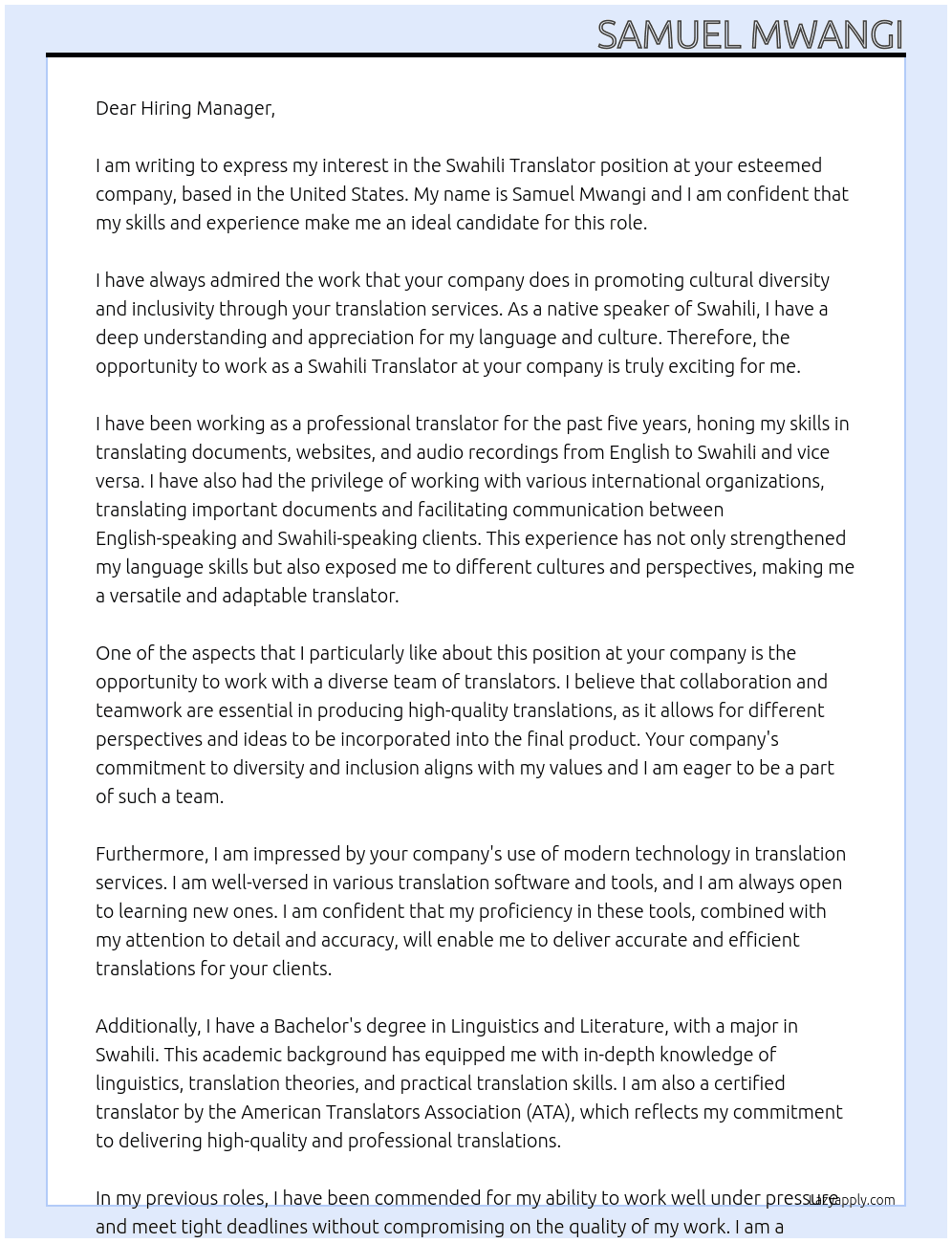 swahili translater At us based  Cover Letter