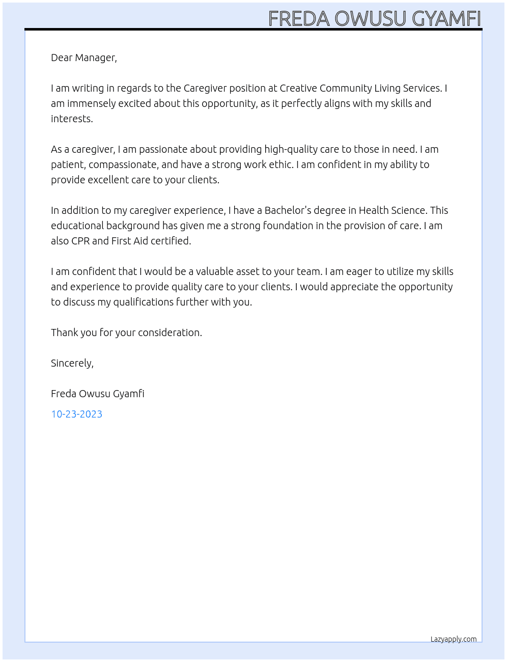 Caregiver At Creative Community Living Services,  Cover Letter