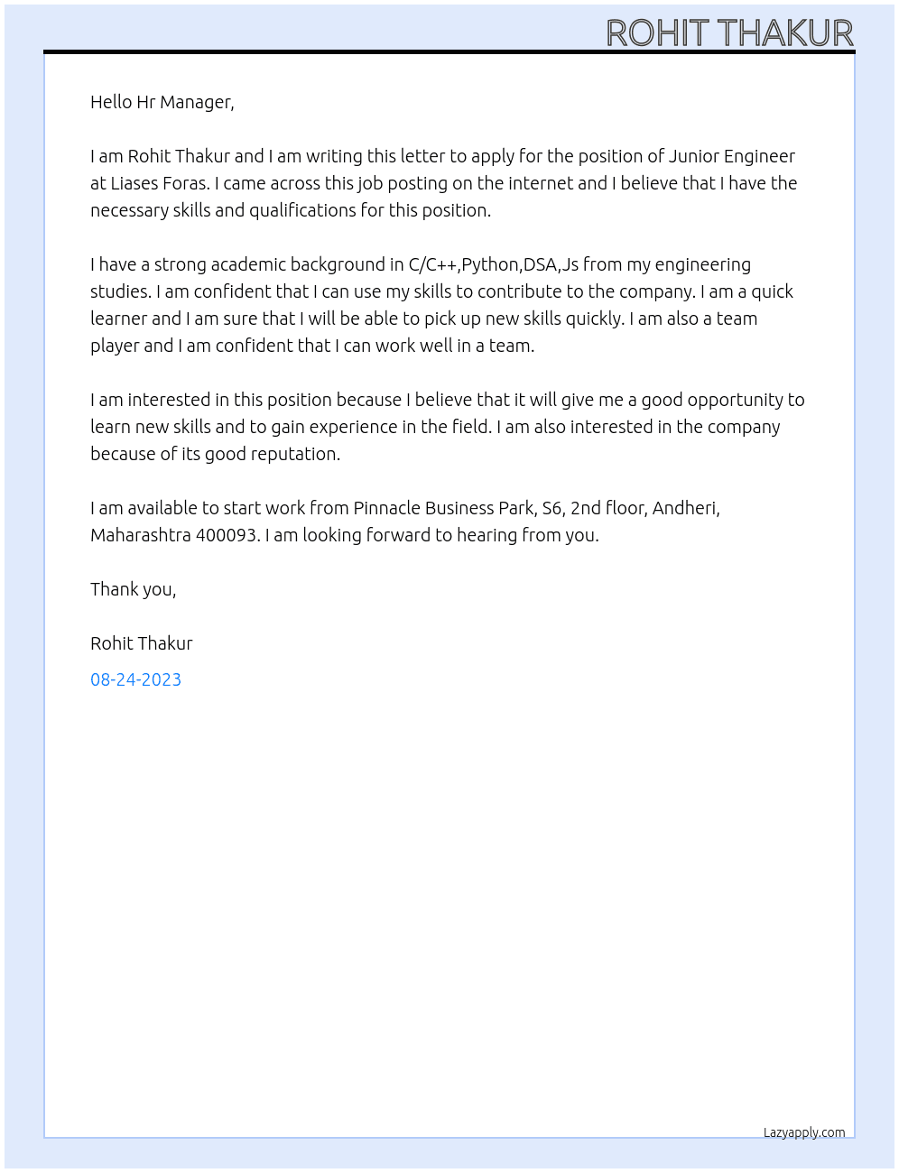 Junior Engineer At Liases Foras Cover Letter