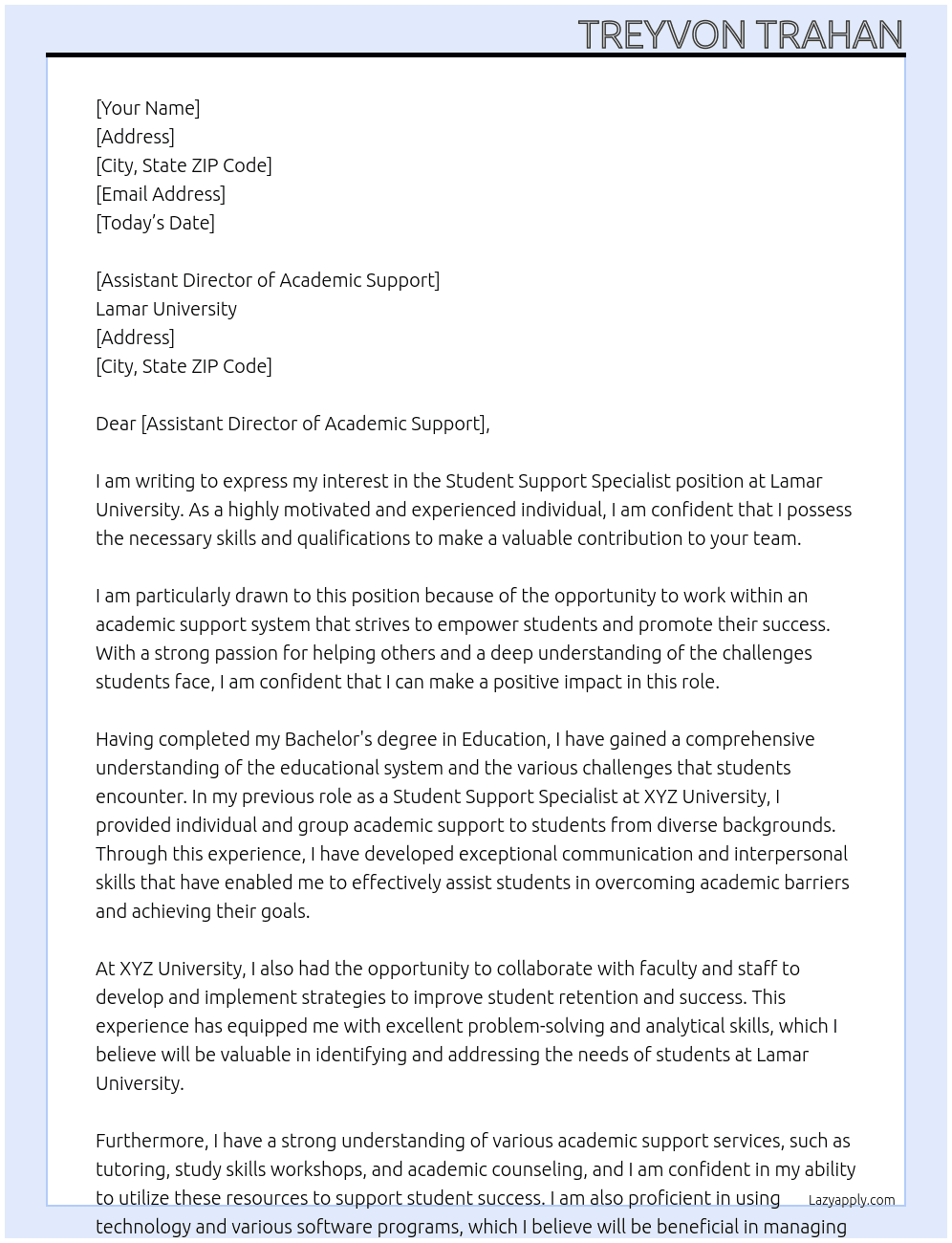  Student Support Specialist At Lamar University Cover Letter