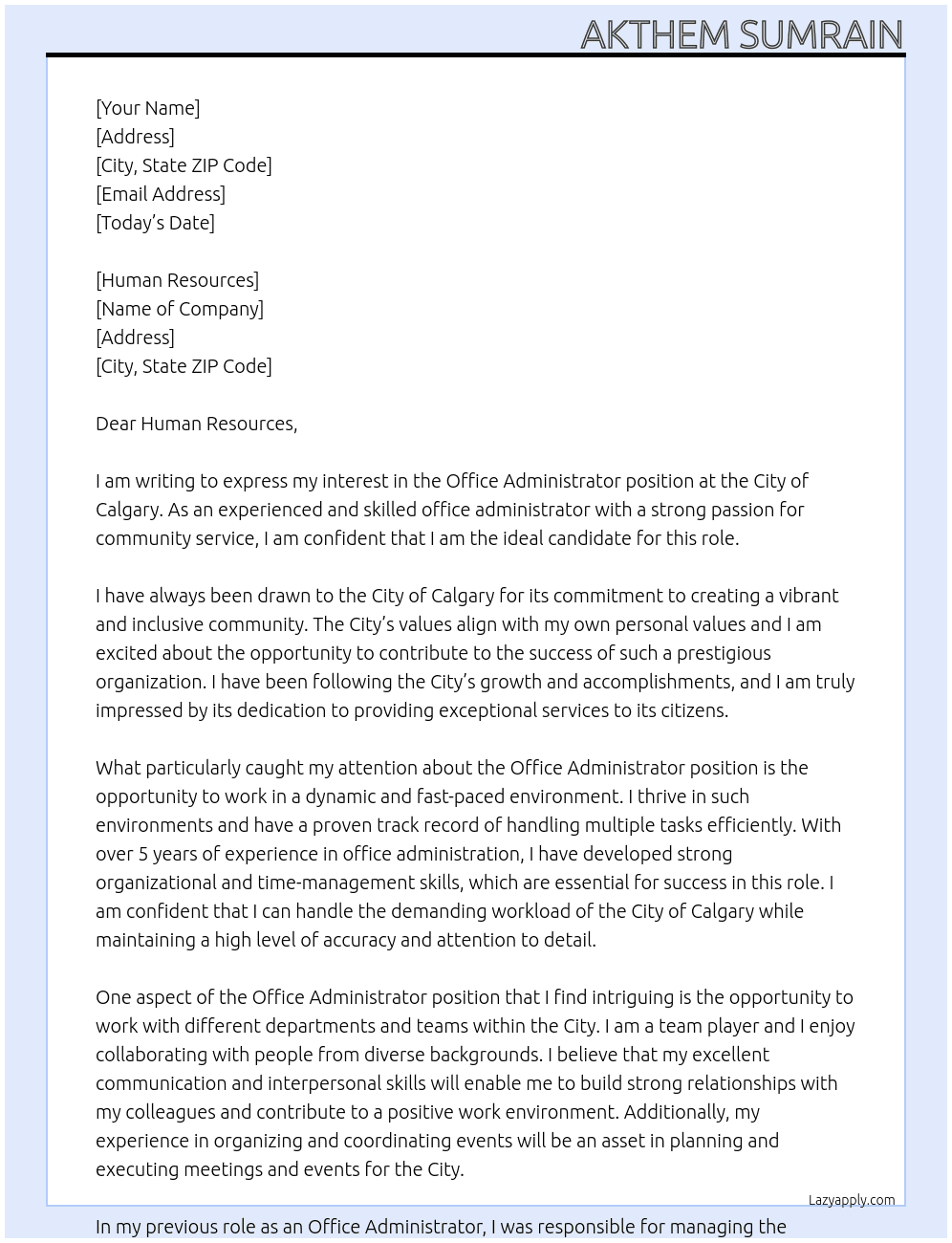 Office Administrator At City of Calgary Cover Letter