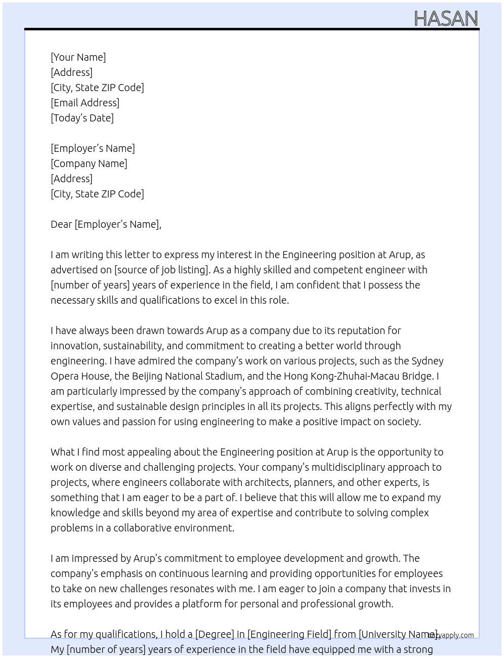 Engineering  At Arup Cover Letter