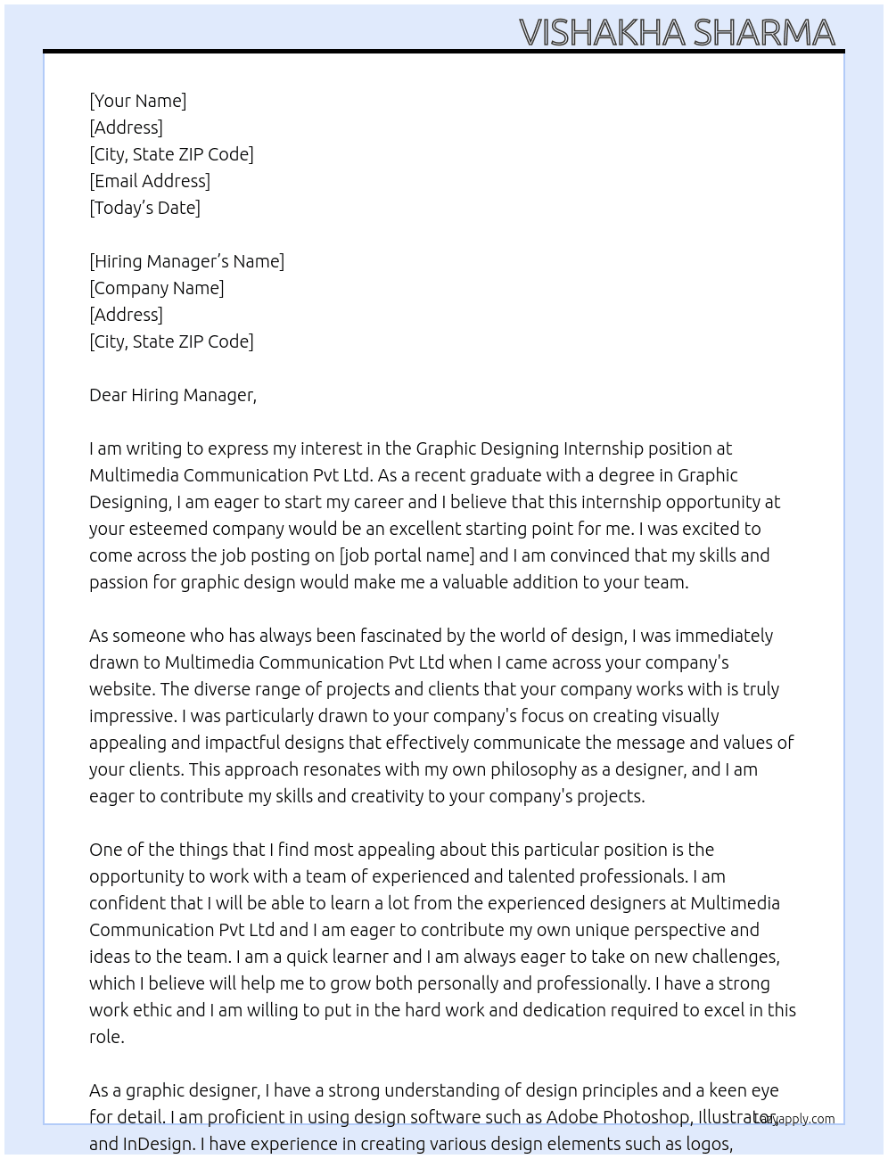 Graphic Designing Internship  At Multimedia communication Pvt ltd Cover Letter