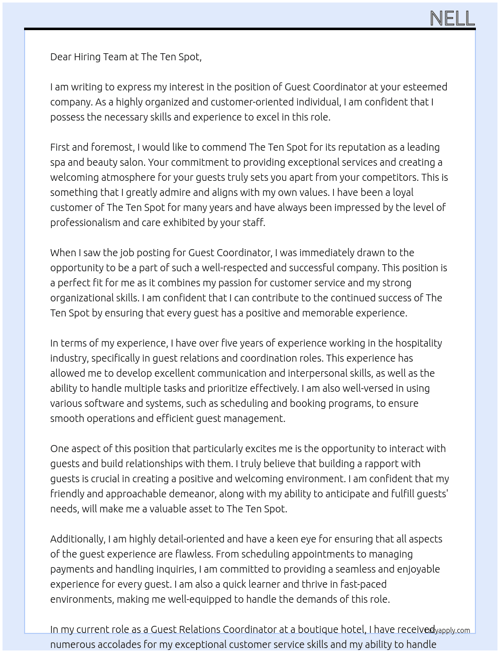 guest coordinator At the ten spot Cover Letter