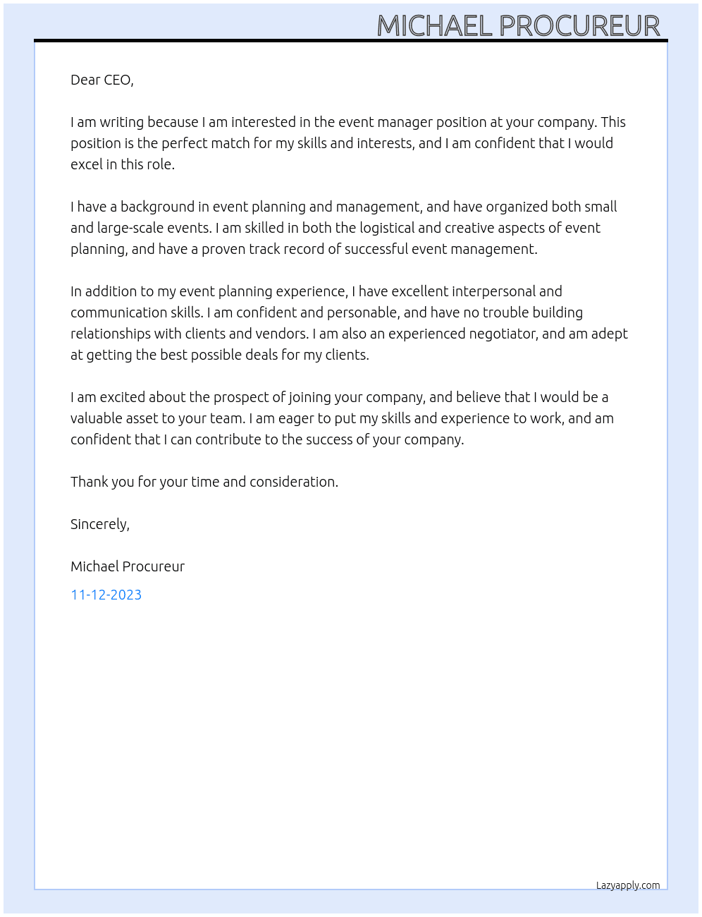 Event manager  At Your company  Cover Letter
