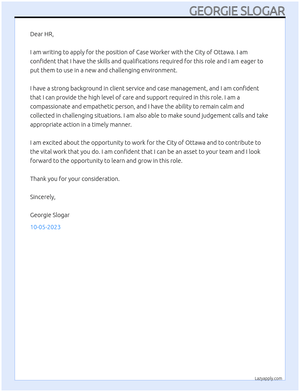 Case Worker At City of Ottawa Cover Letter
