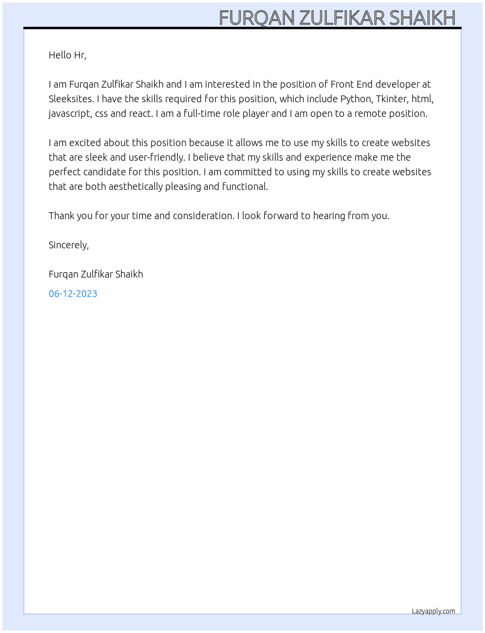 Front End developer  At Sleeksites Cover Letter