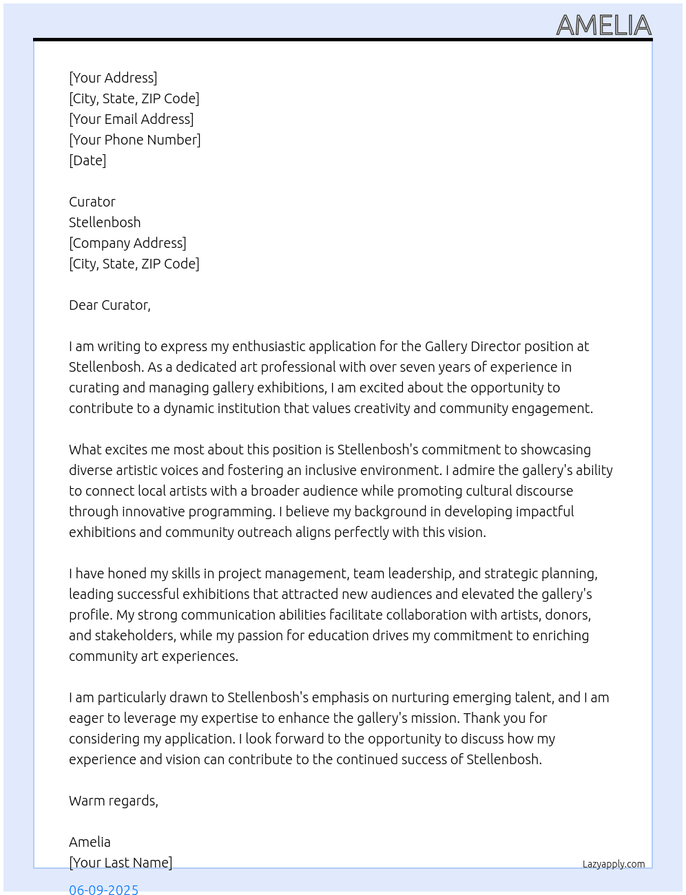 Gallery director At Stellenbosh  Cover Letter