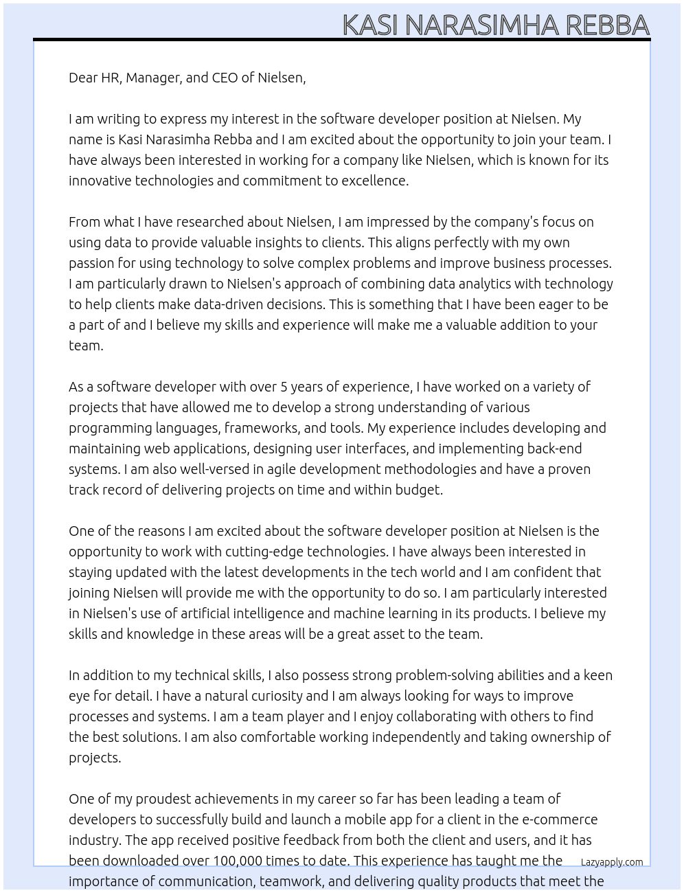 software developer At nielsen Cover Letter