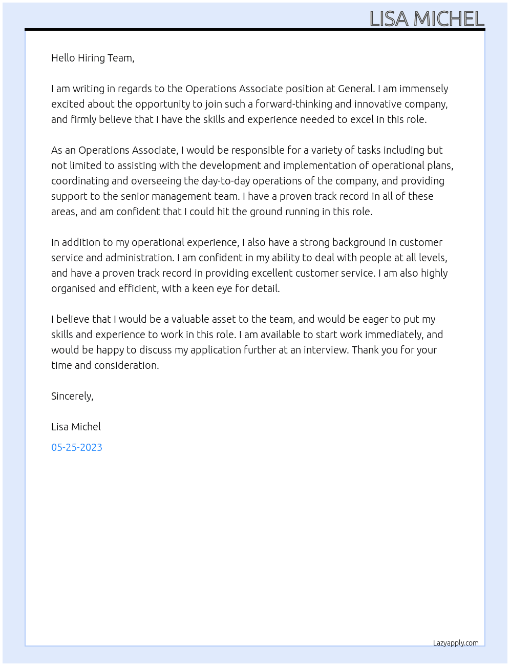 Operations Associate At General Cover Letter