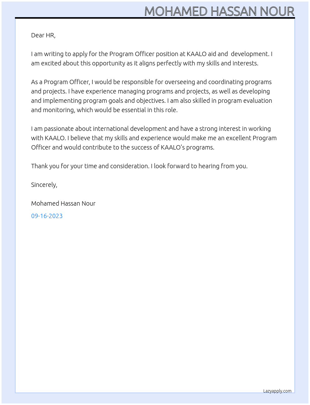 Program officer At KAALO aid and  development Cover Letter