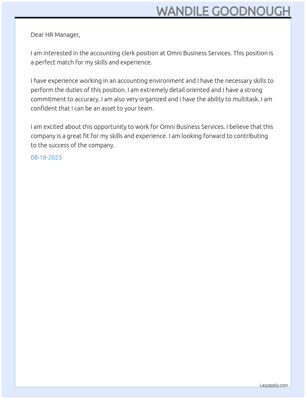 Accounting Clerk At Omni Business Services Cover Letter