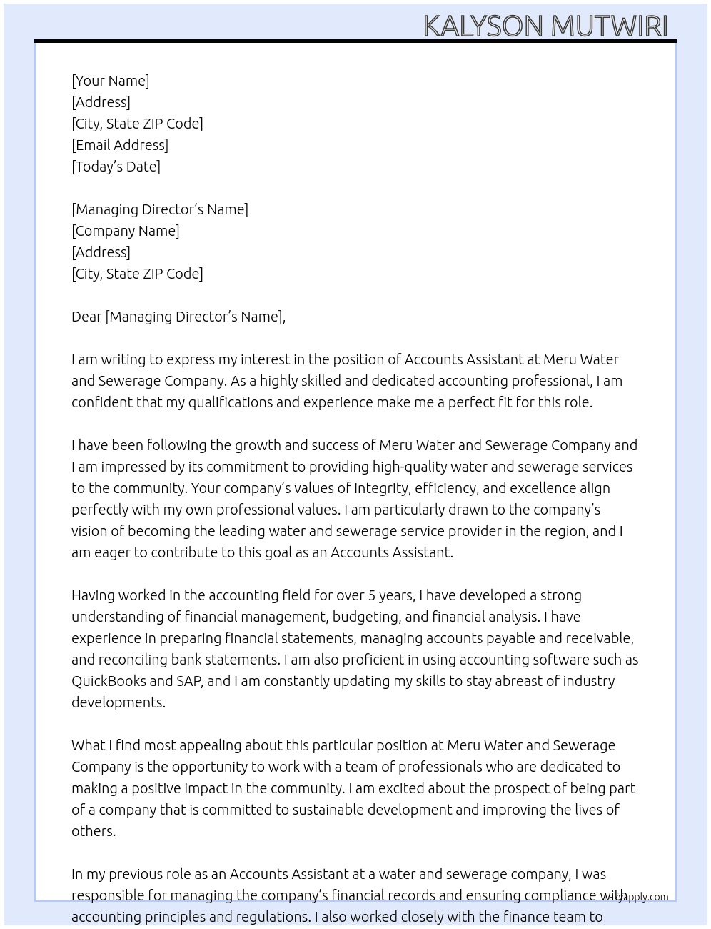 Accounts assistant At Meru water and sewerage company Cover Letter