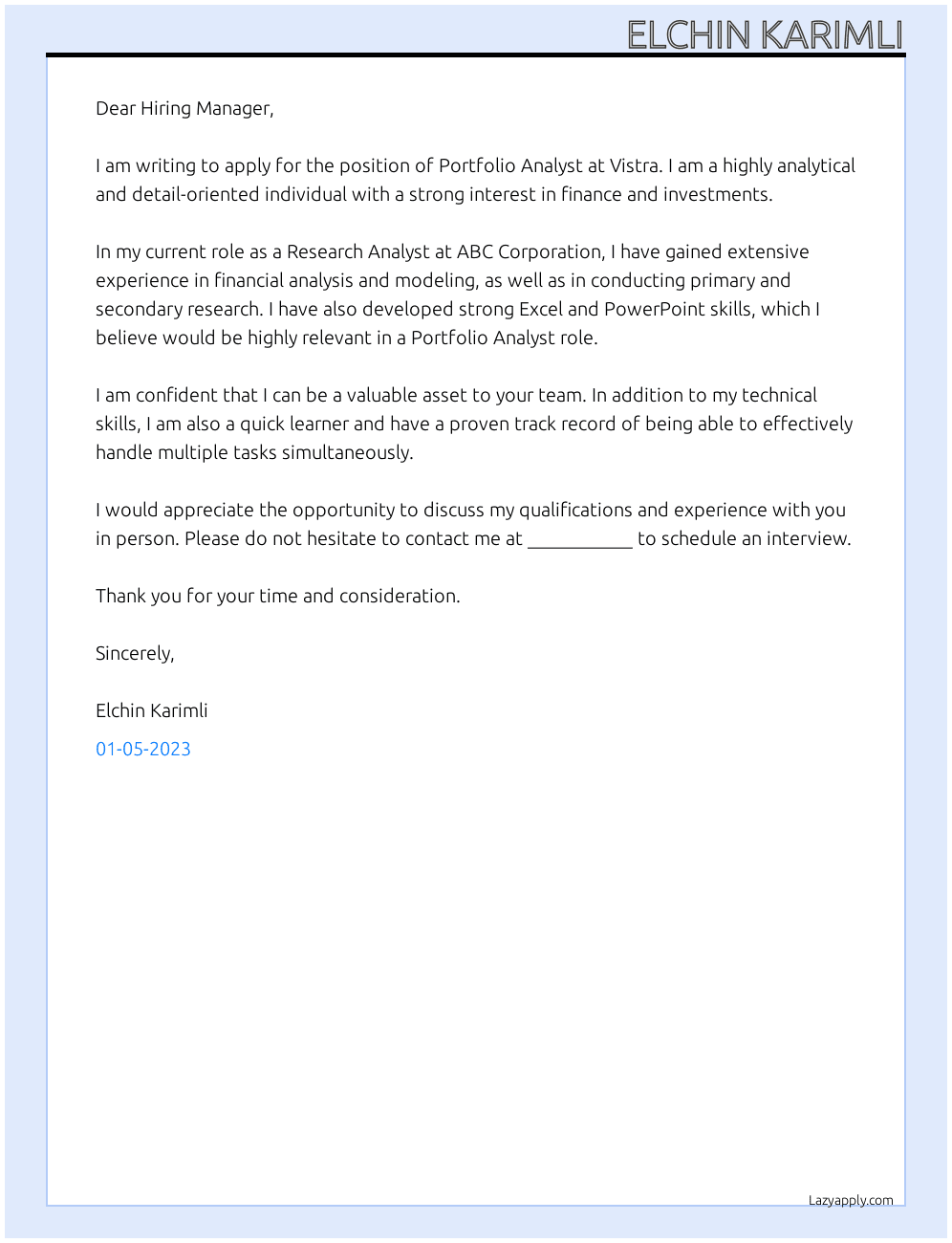 Portfolio Analyst At Vistra Cover Letter