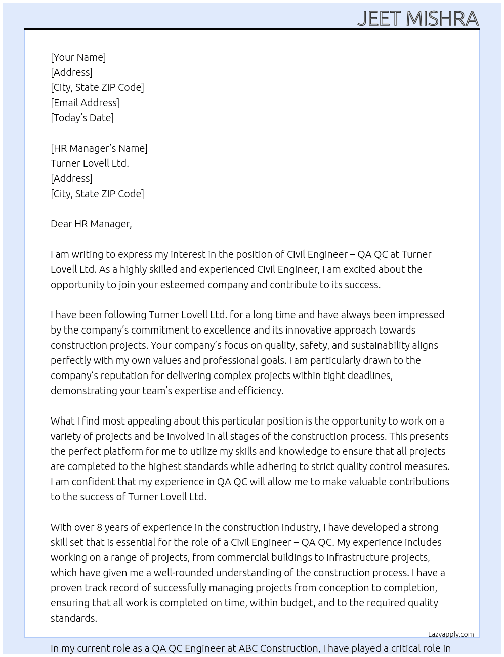 Civil Engineer - QA QC  At Turner Lovell Ltd. Cover Letter