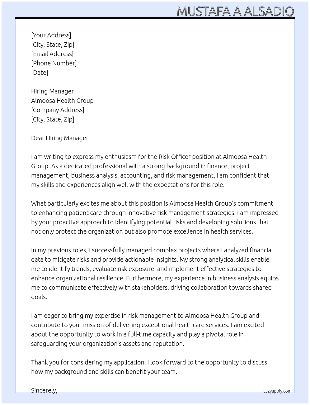 Risk Officer At Almoosa Health Group Cover Letter