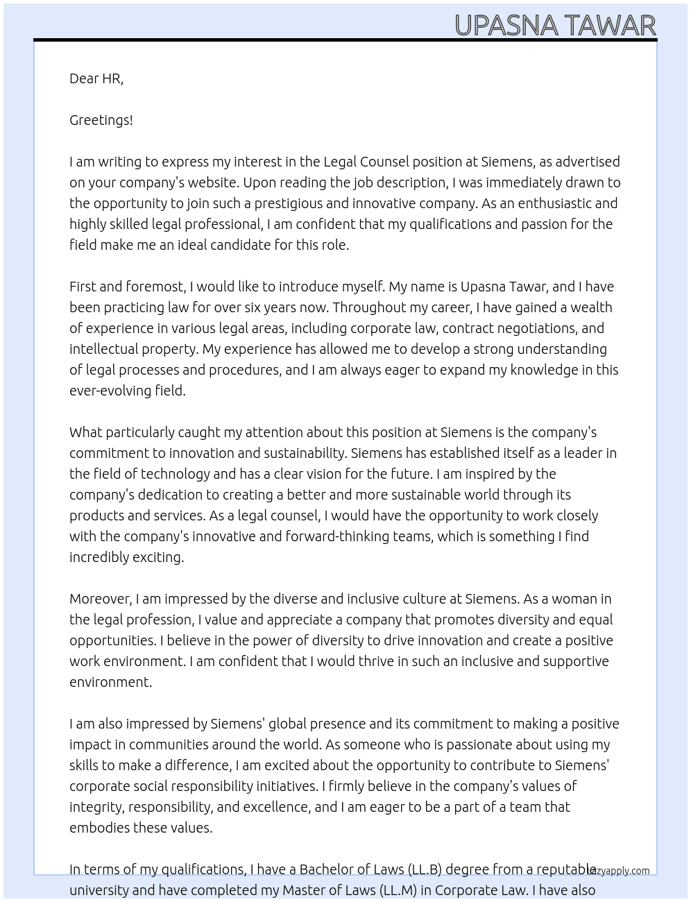 legal counsel At SIEMENS Cover Letter