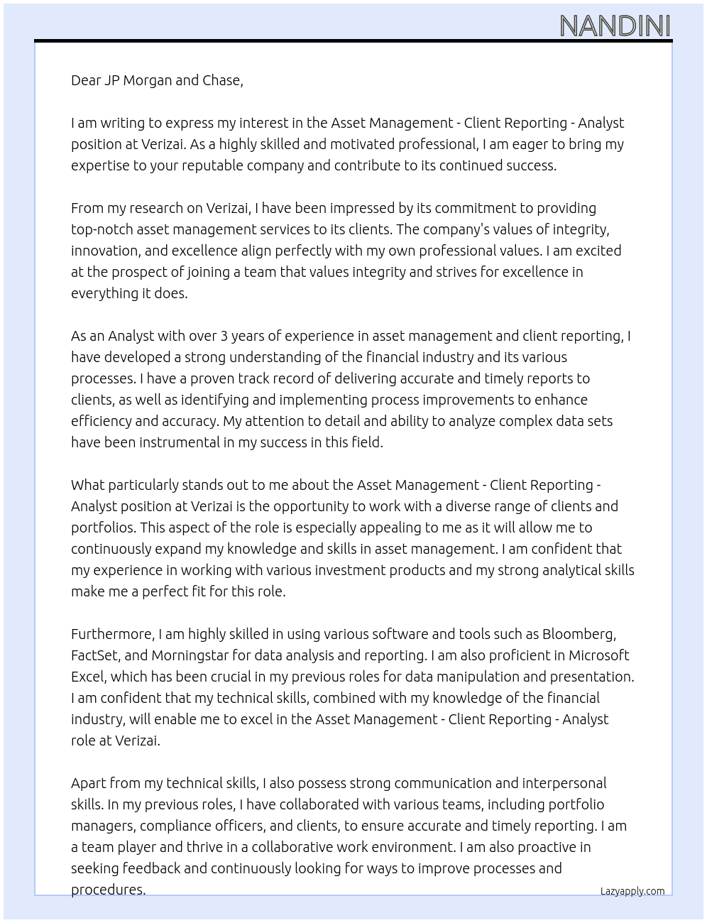 Asset Management - Client Reporting - Analyst At Verizai  Cover Letter
