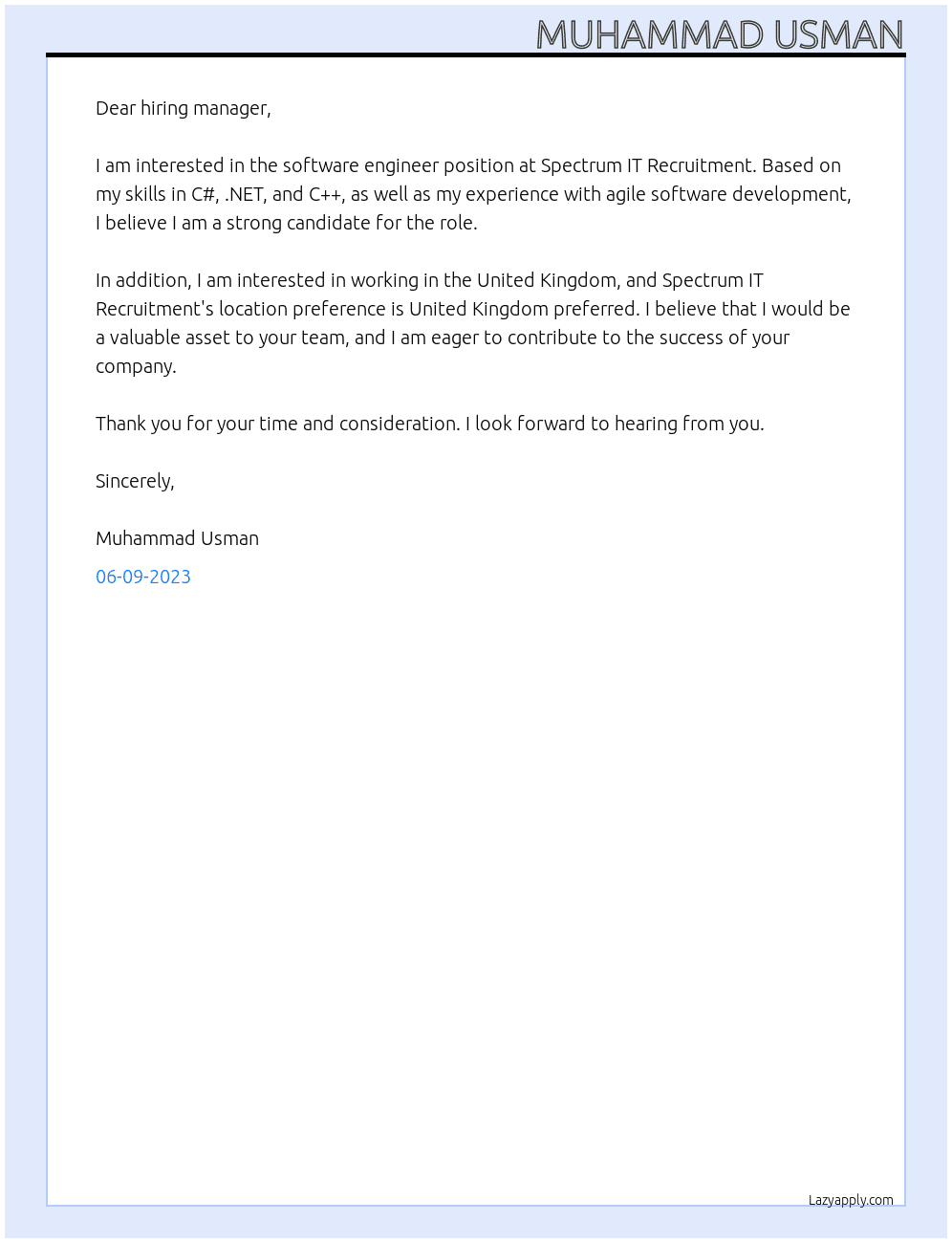 software Engineer At Spectrum IT Recruitment Cover Letter
