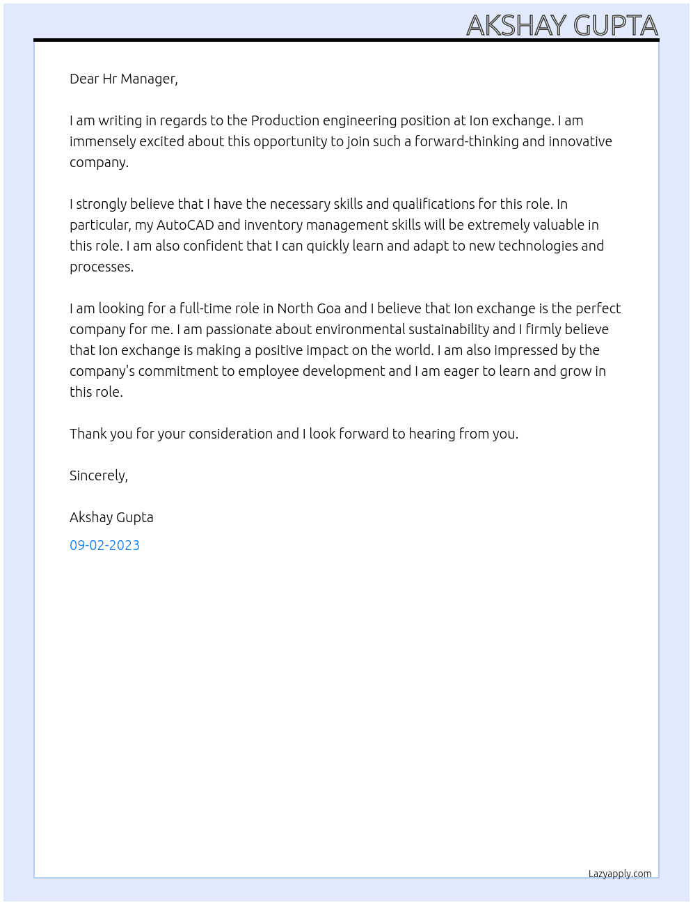 Production engineering At Ion exchange  Cover Letter
