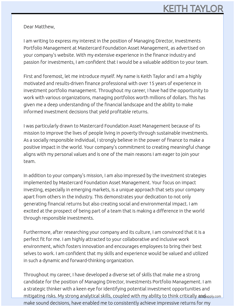 Managing Director, Investments Portfolio Management At Mastercard Foundation Asset Management  Cover Letter