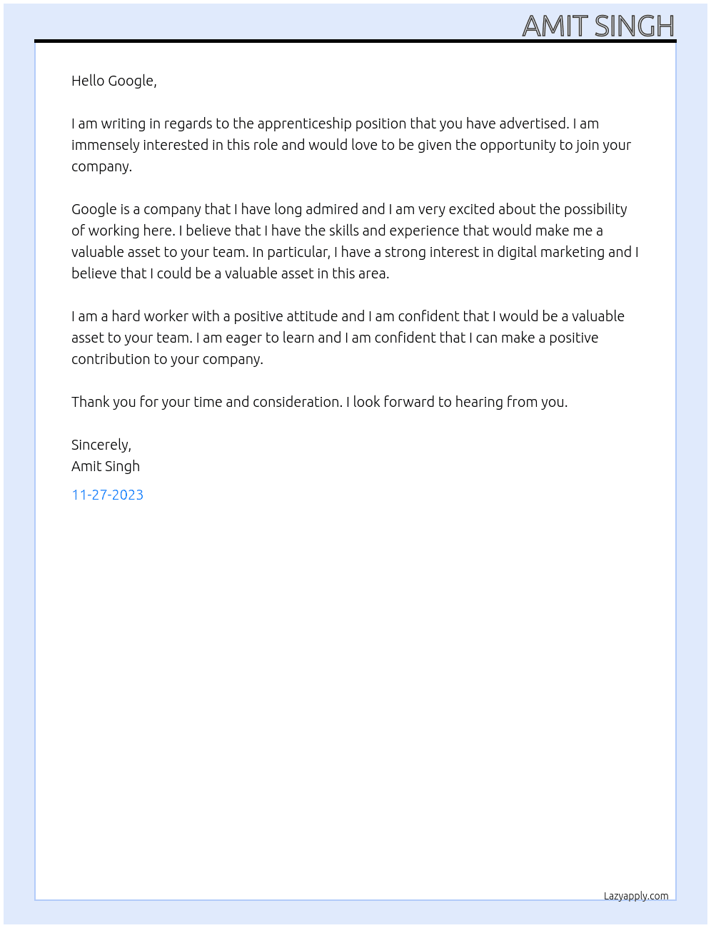apprenticeship At Google  Cover Letter