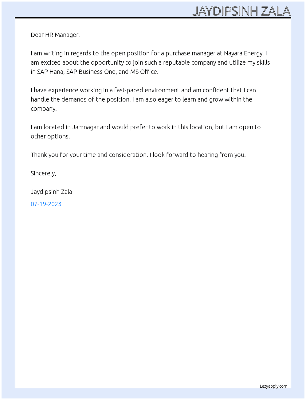 Purchase manager At Nayara Energy Cover Letter