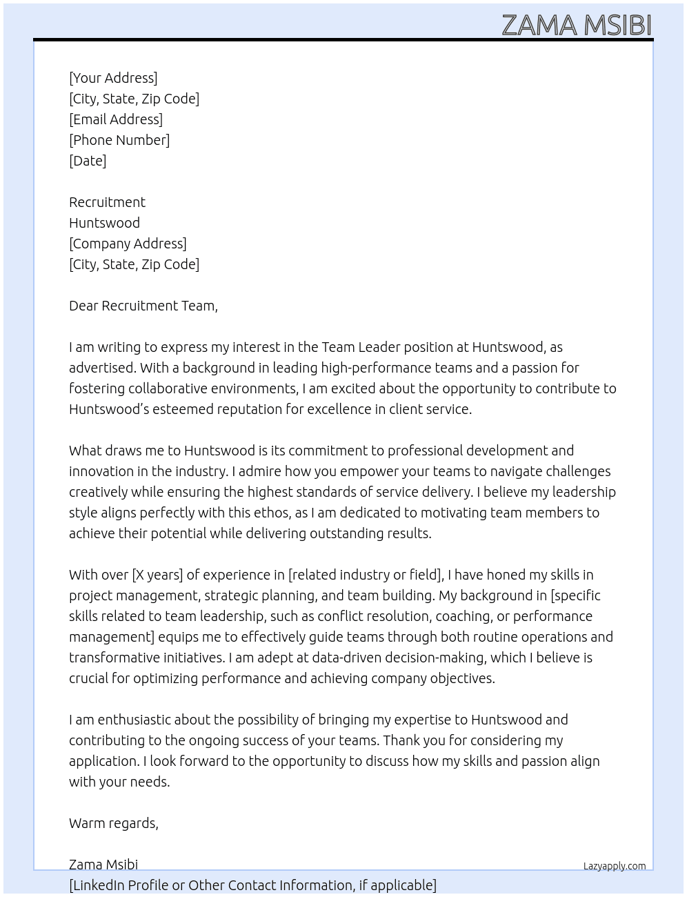 Team leader  At huntswood Cover Letter