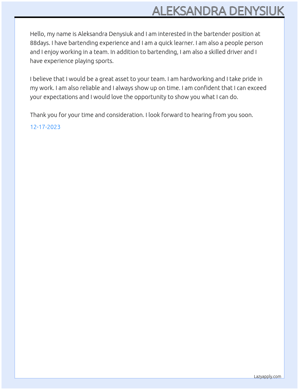 bartender  At 88days Cover Letter