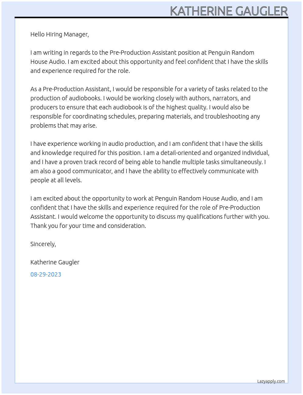 Pre-Production Assistant At Penguin Random House Audio Cover Letter
