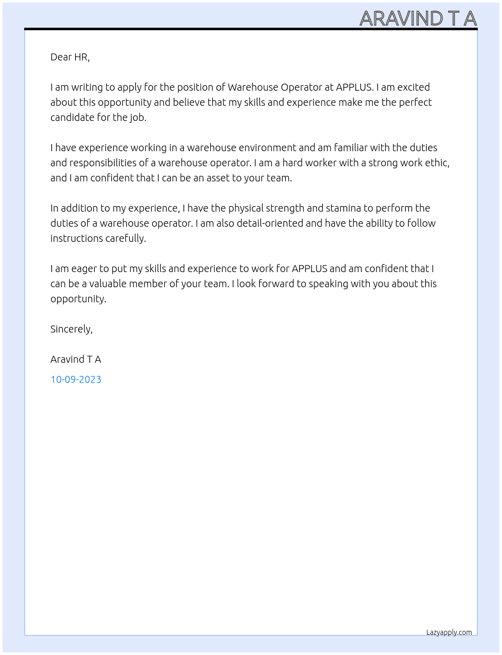 Warehouse Operators  At APPLUS Cover Letter