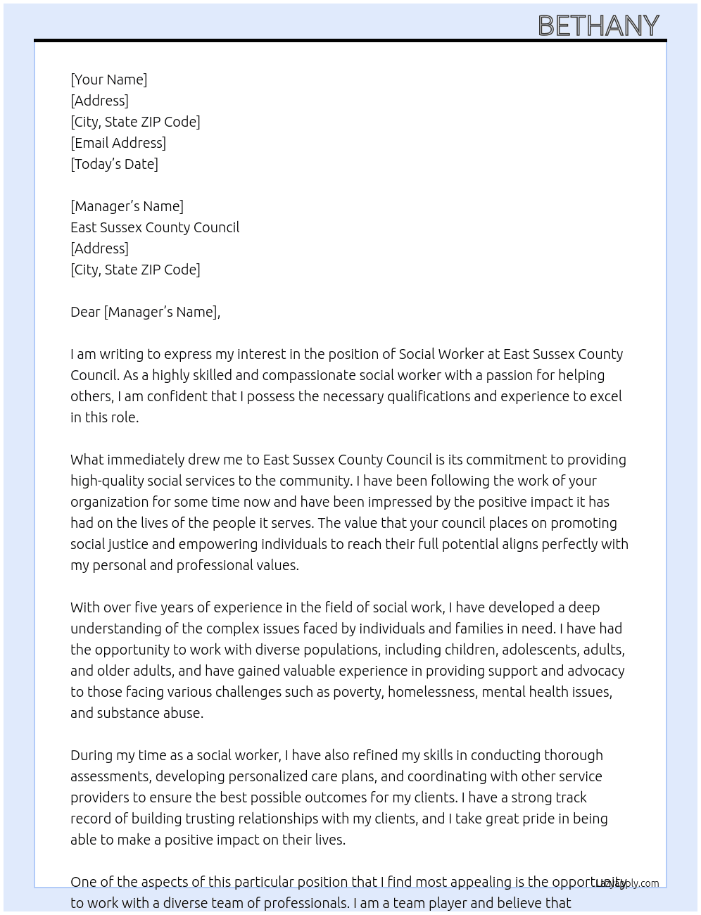 Social worker At East Sussex county council Cover Letter