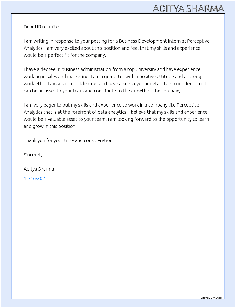 Business Development Intern At Perceptive analytics Cover Letter