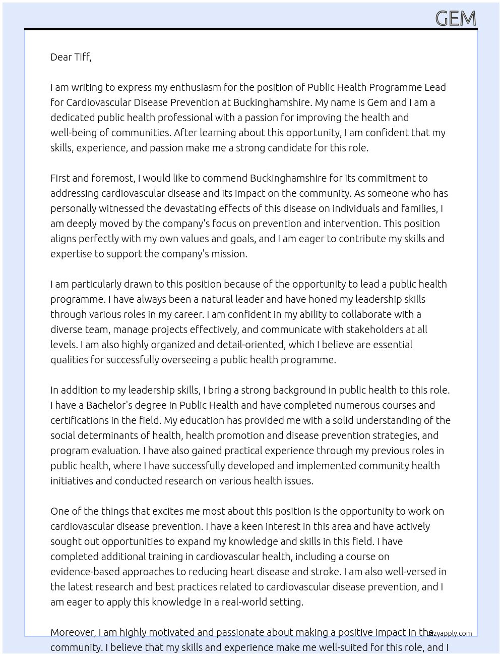 Public health programme lead cardiovascular disease prevention At Buckinghamshire Cover Letter