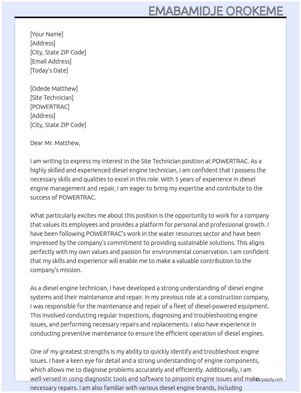 Site Technician  At POWERTRAC  Cover Letter