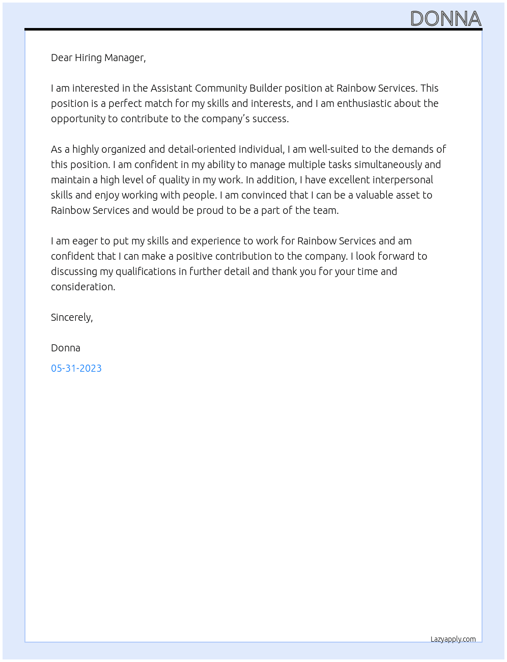 Assistant Community Builder At Rainbow Services Cover Letter