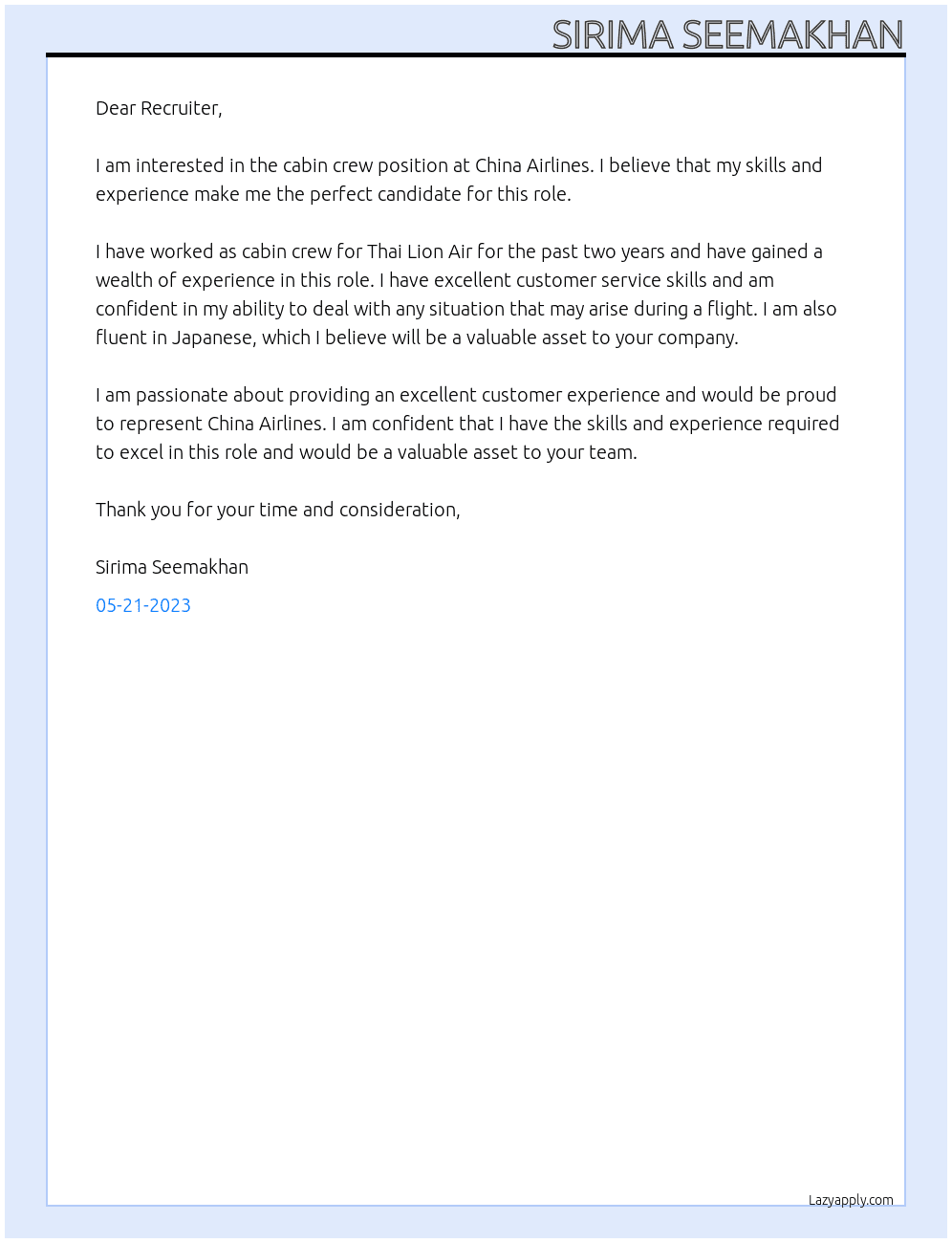 cabin crew At China Airline  Cover Letter