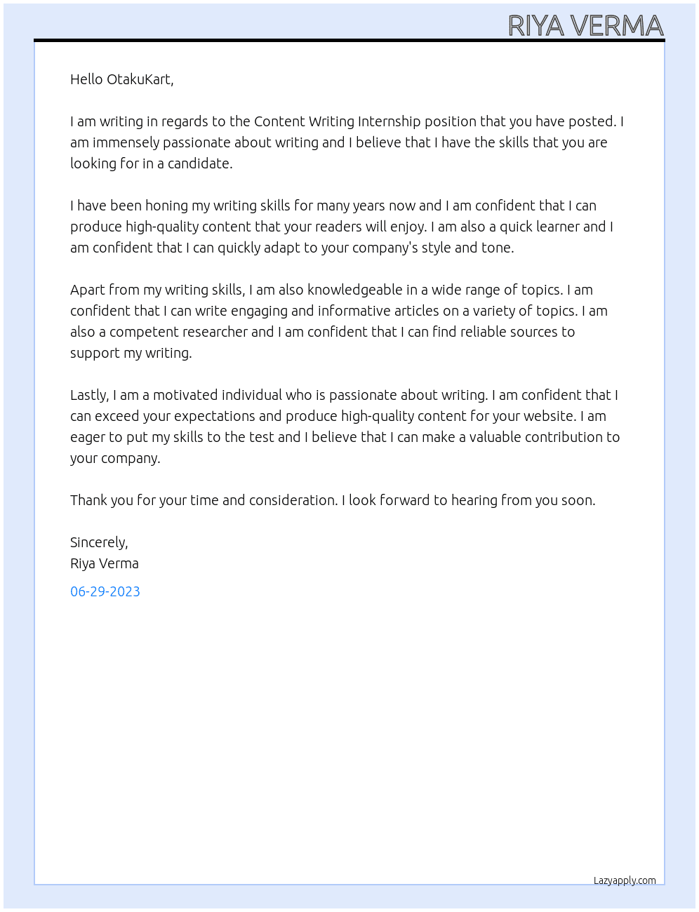 Content Writing Internship At OtakuKart Cover Letter