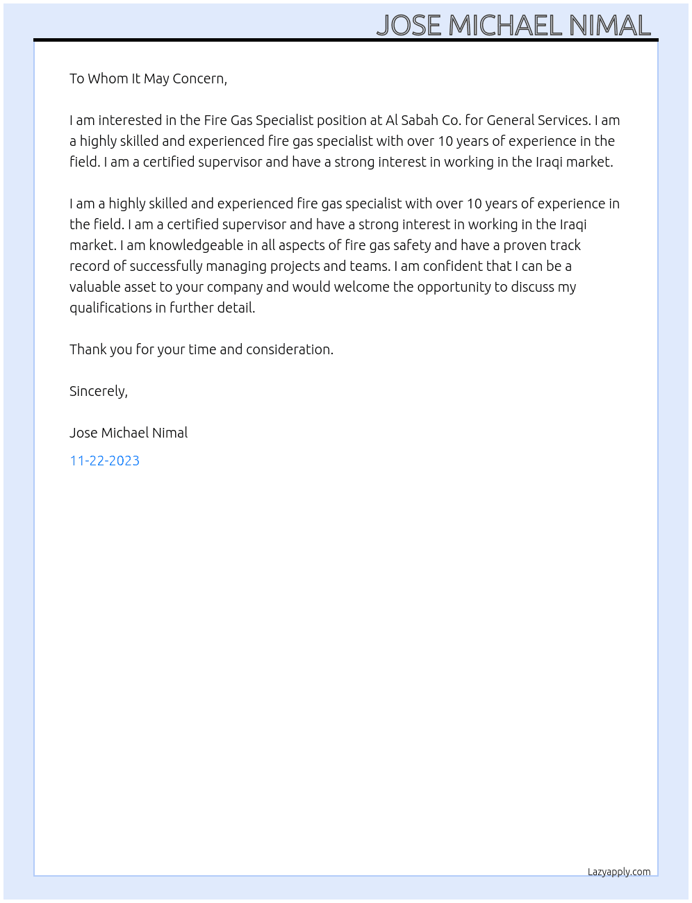 Fire gas specialist  At Al sabah co.for general services  Cover Letter
