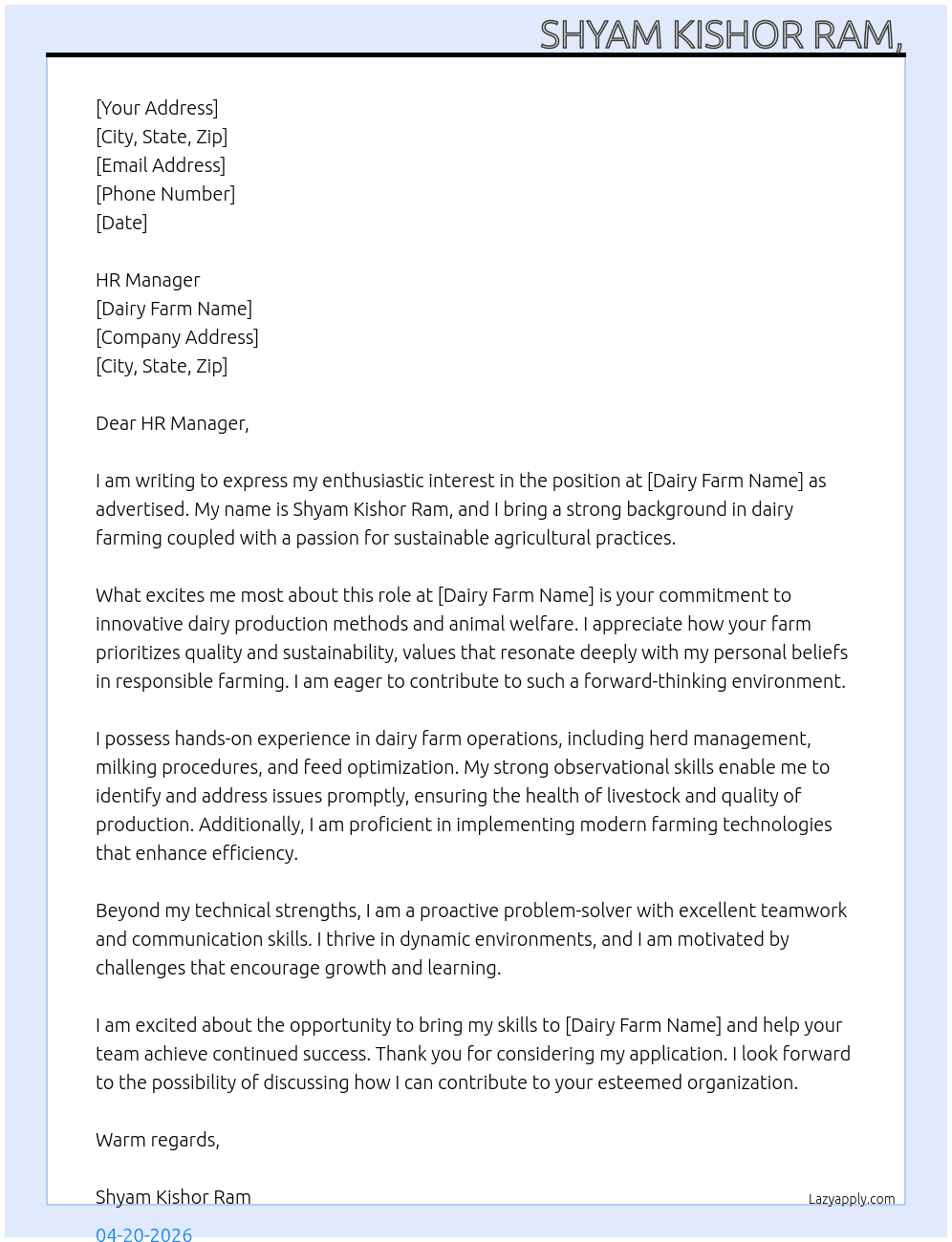 Dairy farm At dairy farm name  Cover Letter
