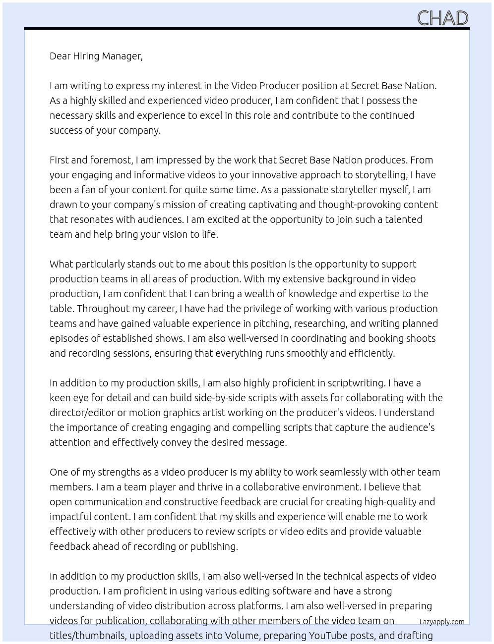Video Producer At Secret Base Nation Cover Letter