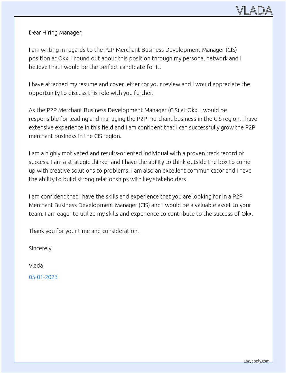 P2P Merchant Business Development Manager (CIS) At Okx Cover Letter