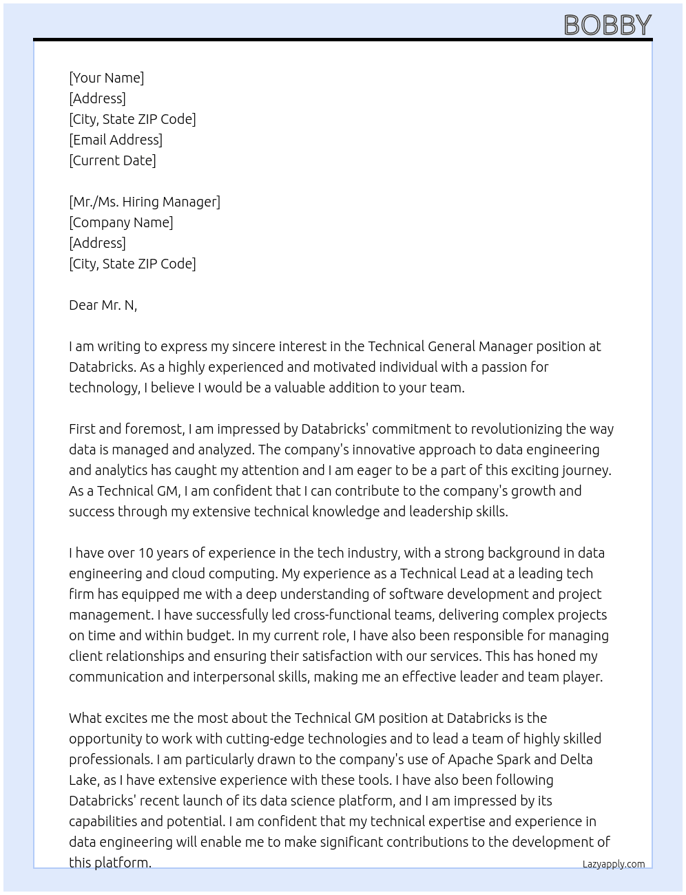Technical GM At Databricks Cover Letter