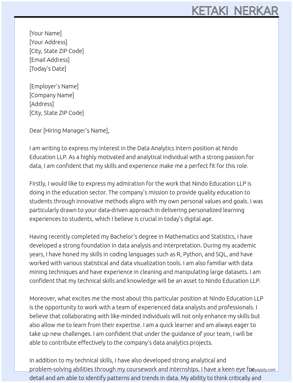 Data Analytics intern At Nindo Education LLP Cover Letter