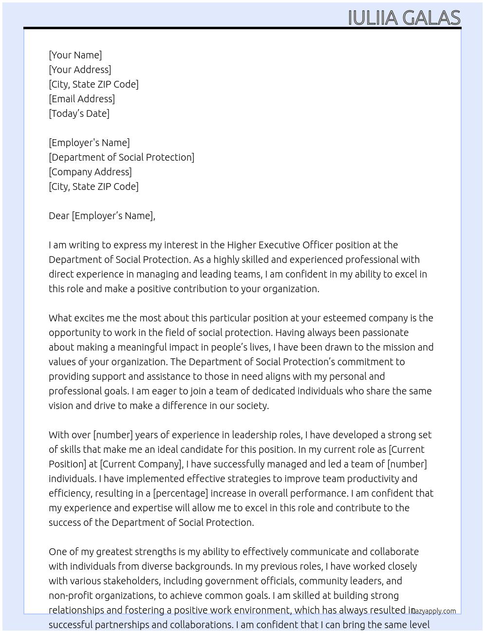 Higher Executive Officer  At Department of Social Protection Cover Letter