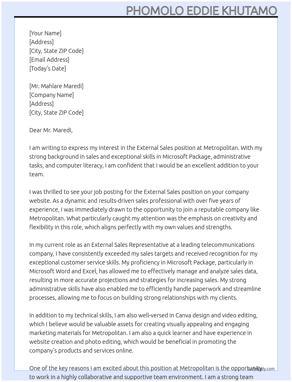 External Sales At Metropolitan  Cover Letter
