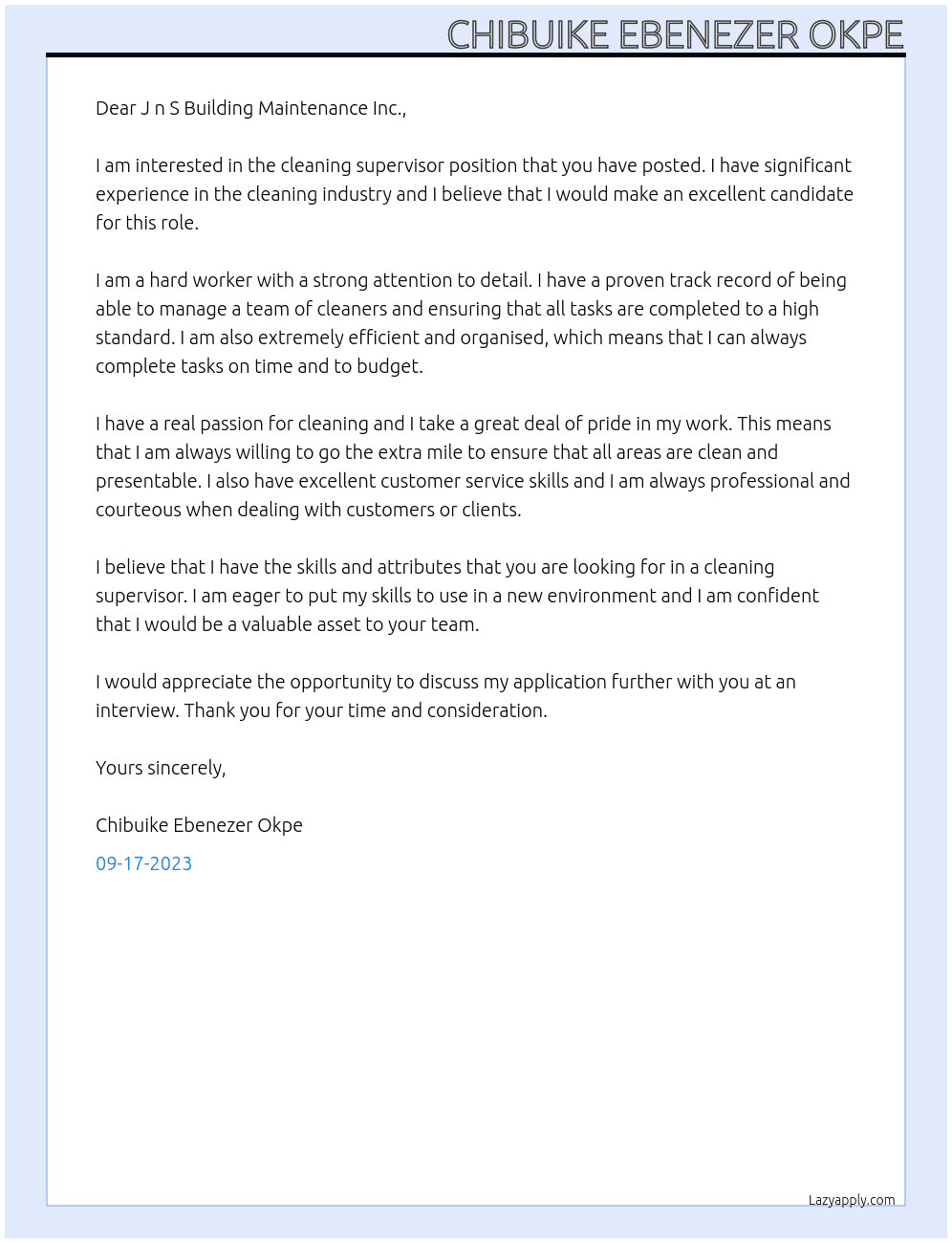 Cleaning supervisor At J n S Building Maintenance Inc. Cover Letter