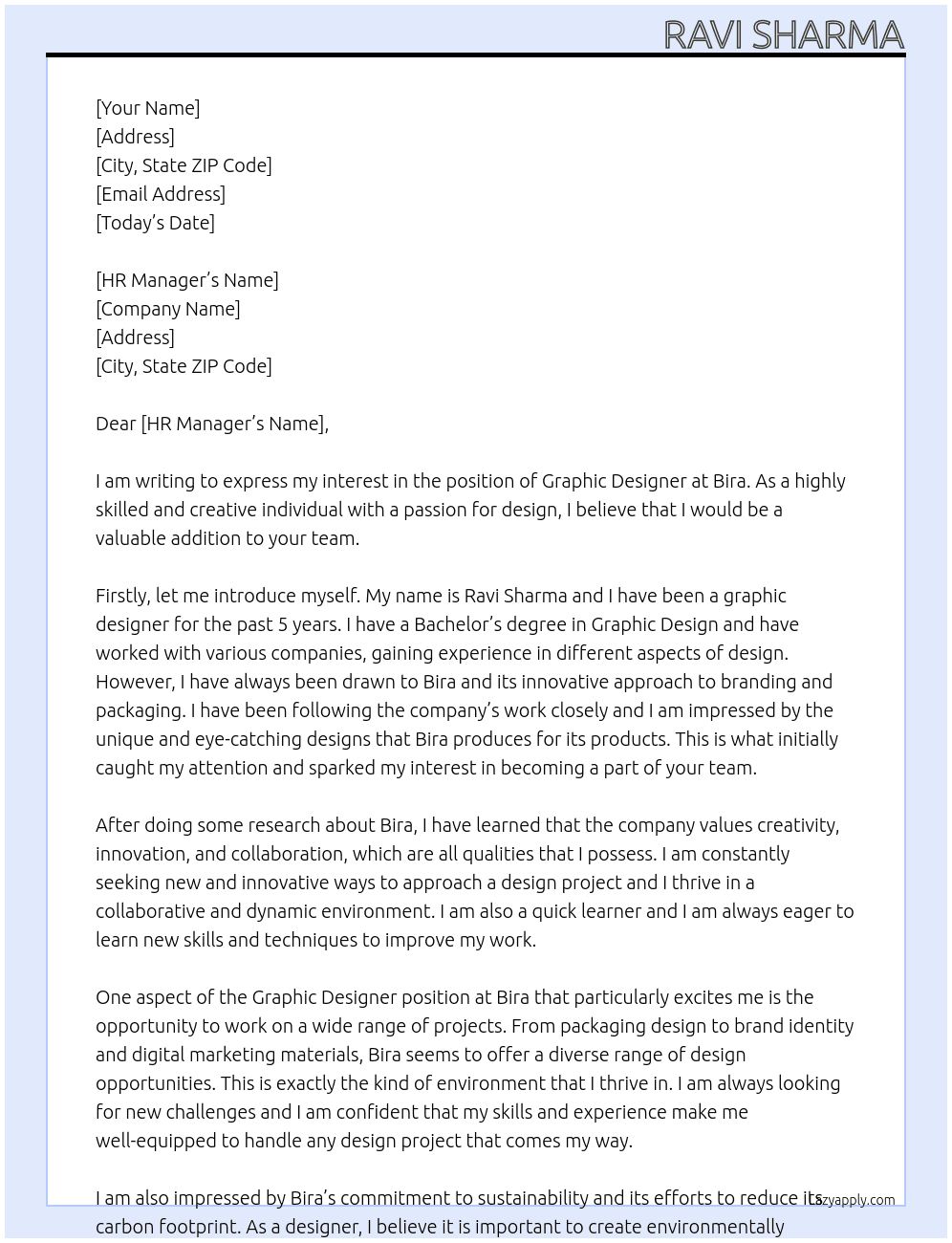 Graphic Designer At Bira Cover Letter